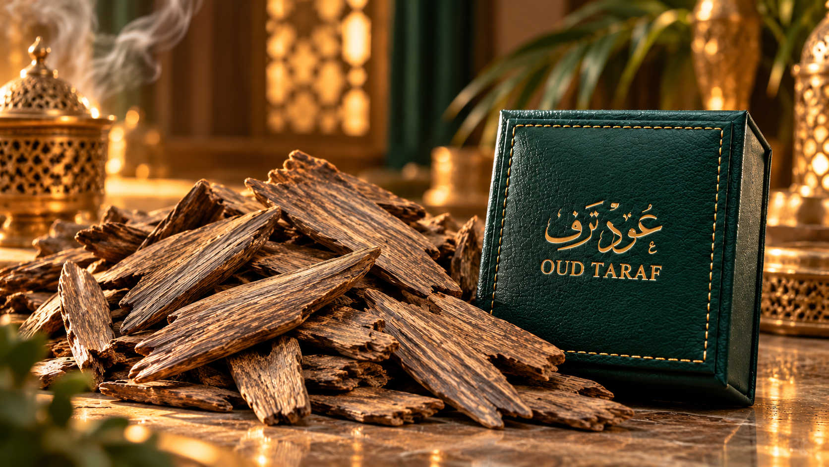قطع عود بجانب صندوق أخضر يحمل شعار عود ترف