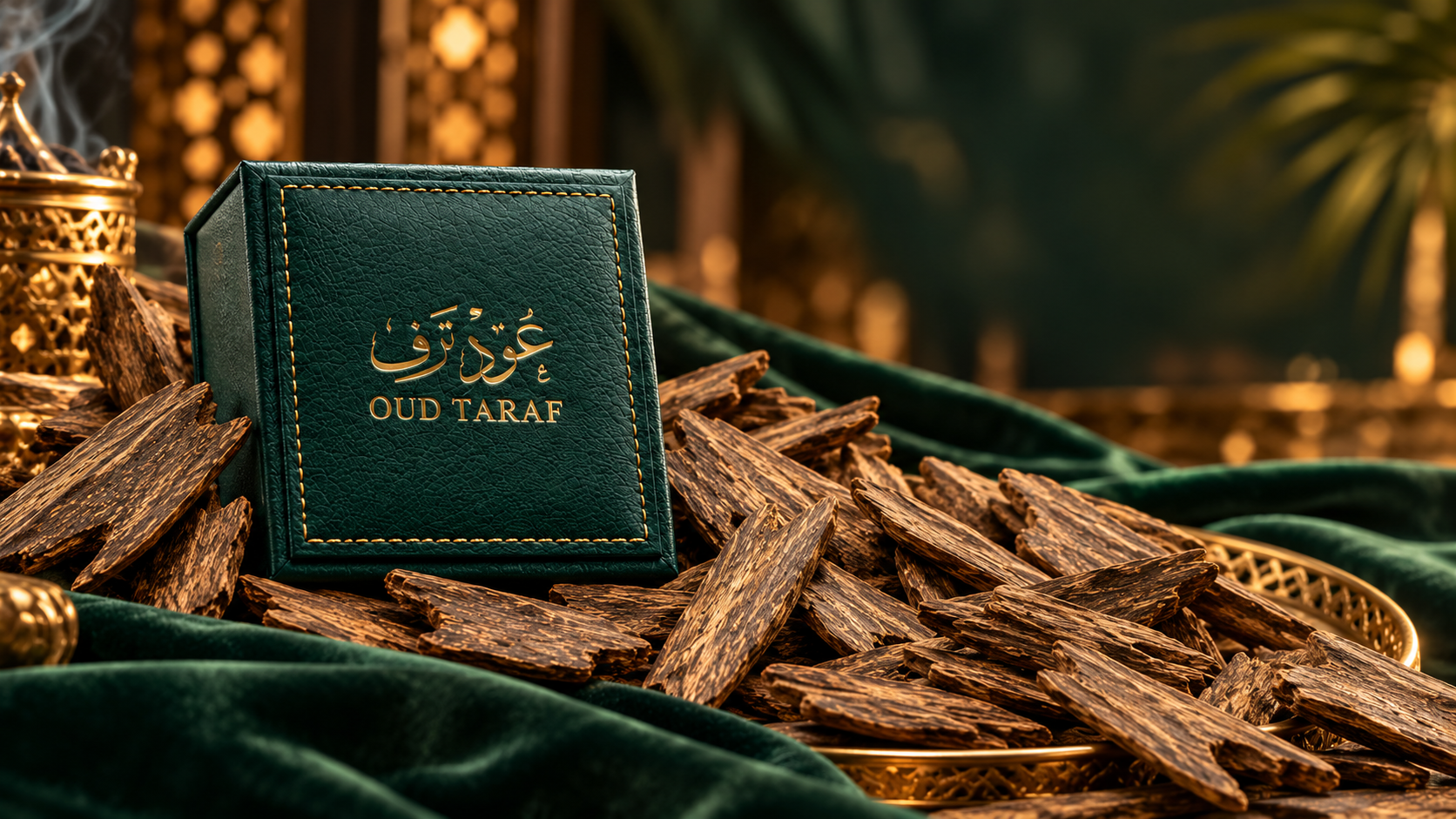 صندوق عود ترف بين قطع العود على قماش أخضر